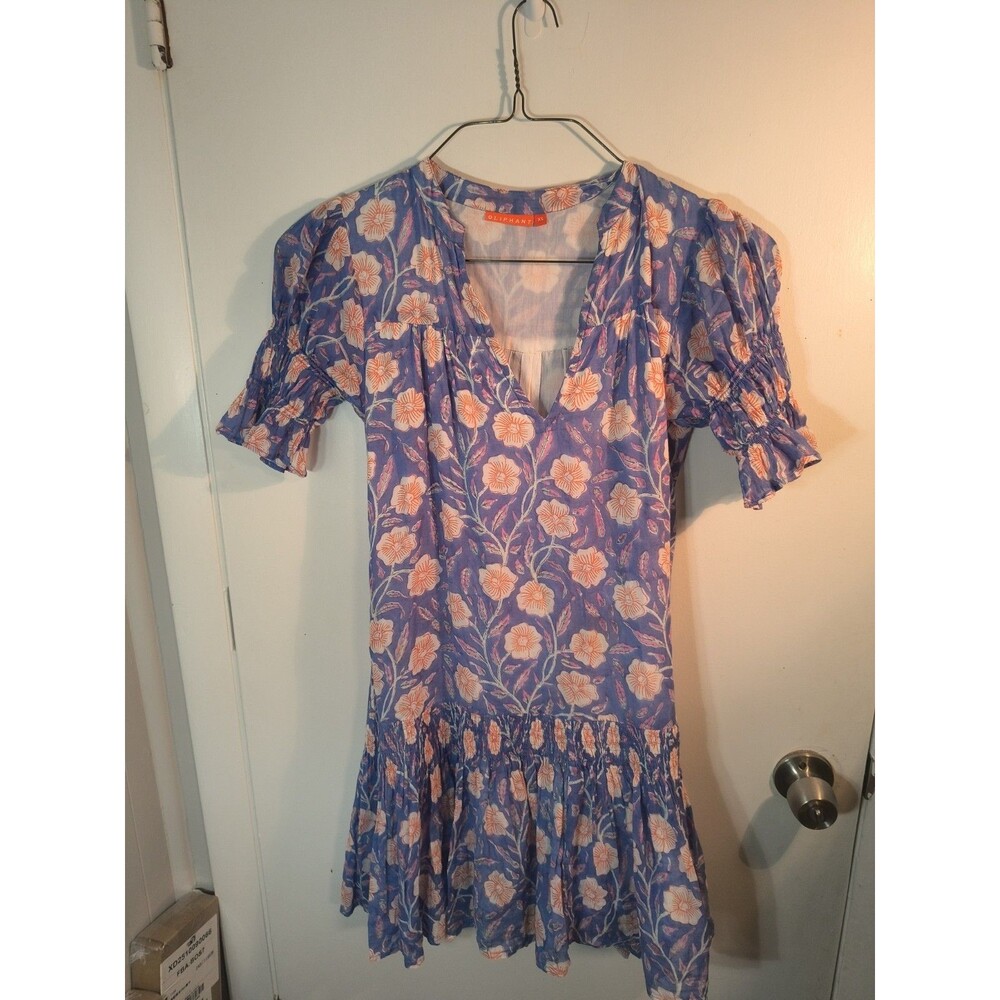 Oliphant Smocked Drop Mini Dress Periwinkle Blue Orange Poppy Floral Cotton XS